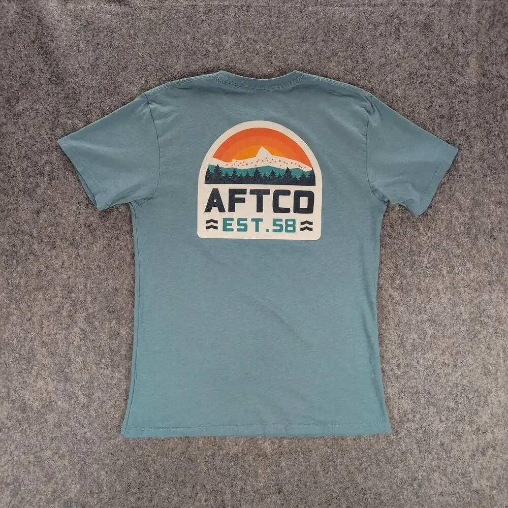 AFTCO Shirt Mens Medium Blue Mountain Sunset Graphic Outdoor Tee Logo Casual